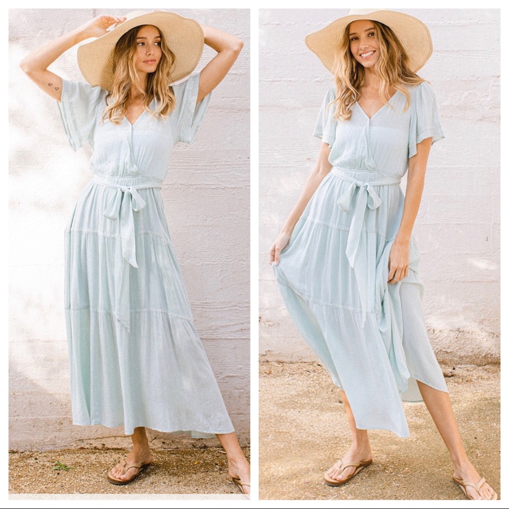 WHITE Boho Chic Short Ruffle Sleeve Lace Trim Midi Dress - Picture 2 of 5